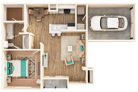 A top down view of a floorplan with an attached garage